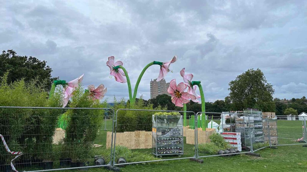 large artificial flowers in. a park